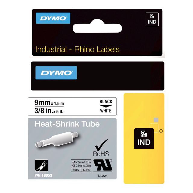 Dymo - Labele Rhino 18053 krimpkous 9mmx1.5m zwart op wit