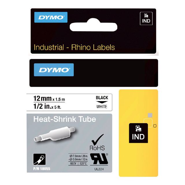 DYMO - Labele Rhino 18055 krimpkous 12mmx1.5m zwart op wit