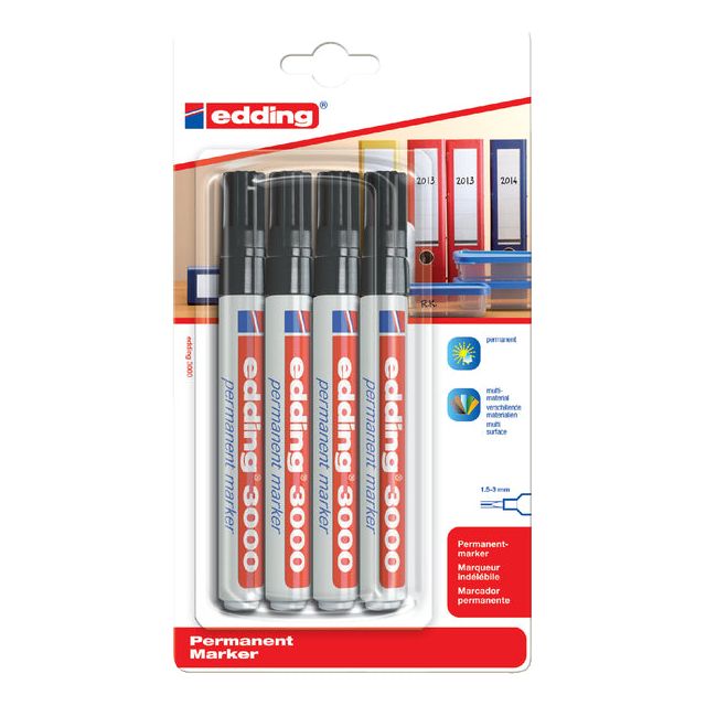 Edding - permanent marker 3000 zwart, blister met 4 stuks