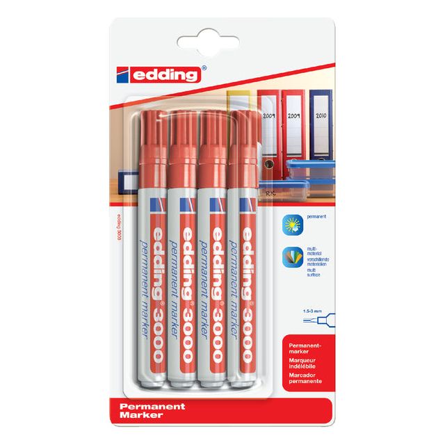 Edding - Felt -tip Edding 3000 autour de 1,5 à 3 mm rouge | Blister un 4 pièces | 10 morceaux