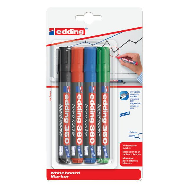 Edding - edding whiteboardmarker 360, blister met 4 stuks in geassorteerde kleuren