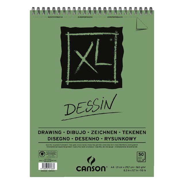 CANSON - Bloc de dessin CANSON XL DESSIN A4 160GR 50V SPIRAL | Pièce une feuille de 50 | 5 pièces