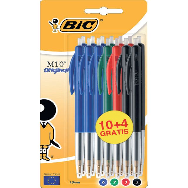 Bic - balpen M10 Clic, 0,4 mm, medium punt, geassorteerde kleuren, blister 10 stuks + 4 gratis