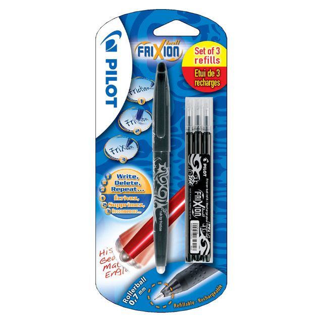 Pilot - gelroller Frixion Ball, blister van 4 stuks (1 gelroller + 3 vullingen), zwart