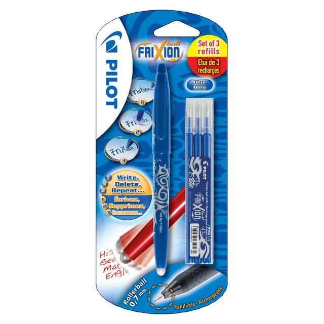 Pilot - gelroller Frixion Ball, blister van 4 stuks (1 gelroller + 3 vullingen), blauw