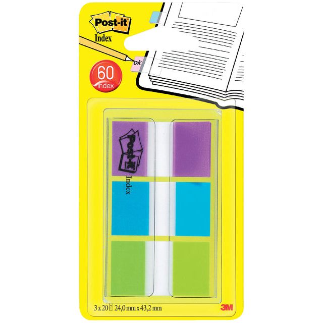 Post-it - Index standaard, ft 25,4 x 43,2 mm, blister met 3 kleuren, 20 tabs per kleur