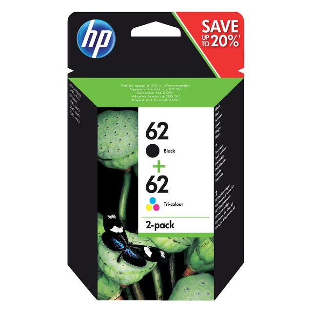 HP - inktcartridge 62, 165-200 pagina's, OEM N9J71AE, 1 x zwart en 1 x 3 kleuren