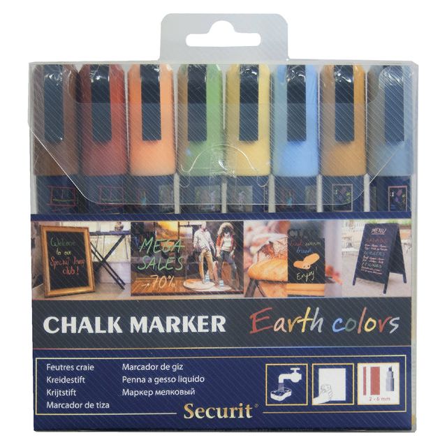 Securit - krijtmarker medium, etui van 8 stuks in geassorteerde aardekleuren