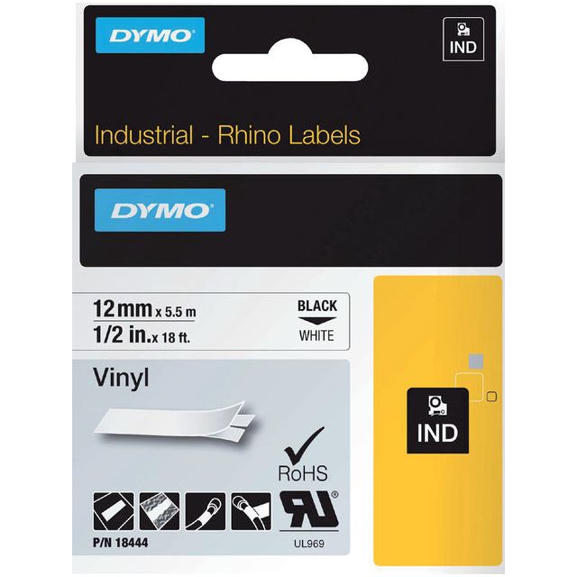 Dymo - Labele Rhino 18444 vinyl 12mmx5.5m zwart op wit