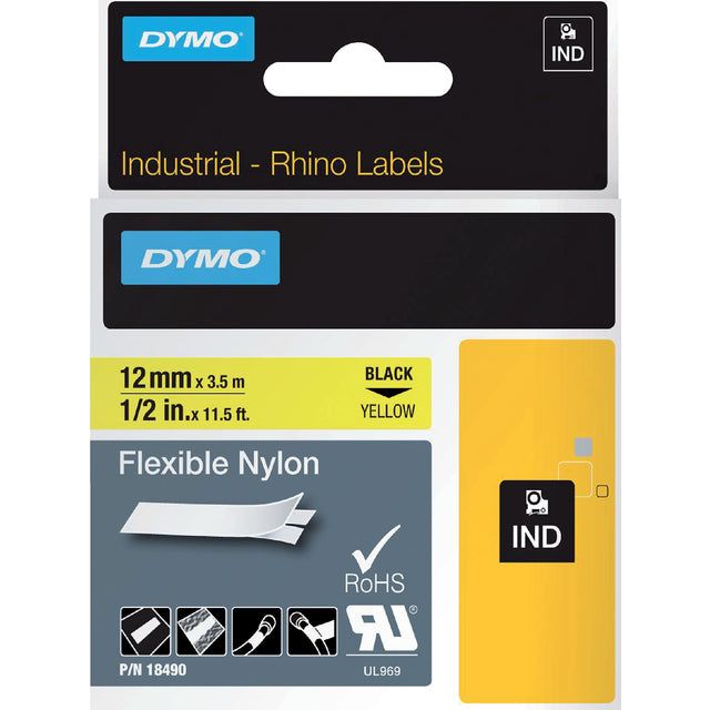 Dymo - Labele Rhino 18490 nylon 12mmx3.5m zwart op geel