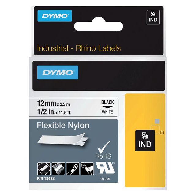 Dymo - Labele Rhino 18488 nylon 12mmx3.5m zwart op wit