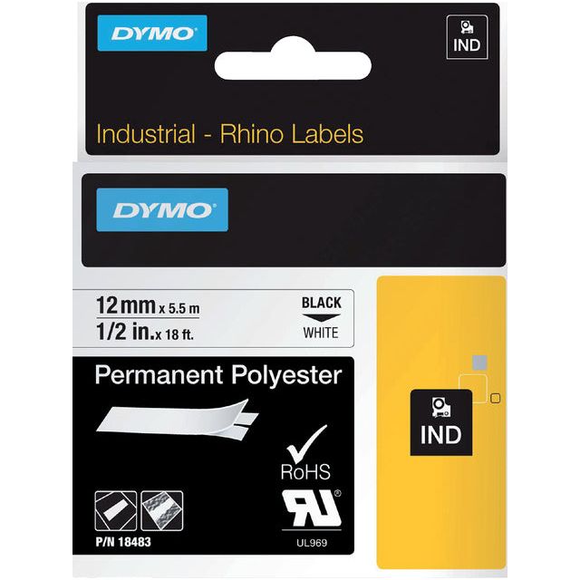 Dymo - Labele Rhino 18483 polyester 12mmx5.5m zwart op wt