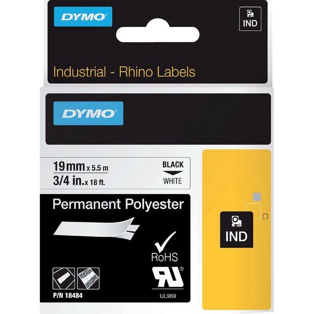 Dymo - Labele Rhino 18484 polyester 19mmx5.5m zwart op wt