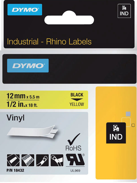 Dymo - Labele Rhino 18432 12mmx5.5m vinyl zwart op geel