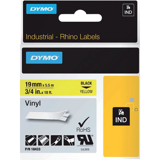 Dymo - Labele Rhino 18433 vinyl 19mmx5.5m zwart op geel