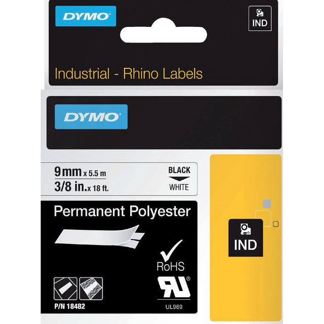 Dymo - Labele Rhino 18482 polyester 9mmx5.5m zwart op wit