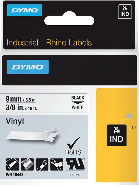 Dymo - Labele Rhino 18443 vinyl 9mmx5.5m zwart op wit