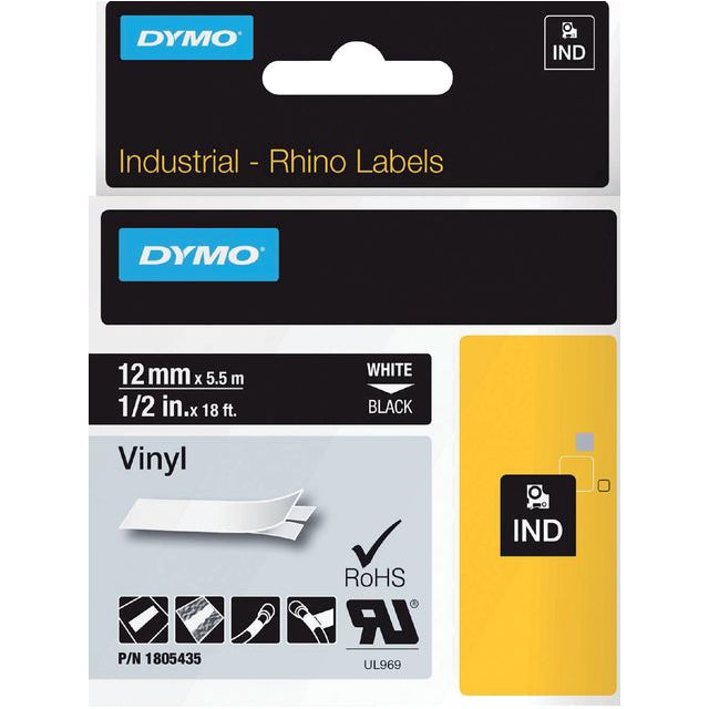 Dymo - RHINO vinyle 12 mm, wit op zwart