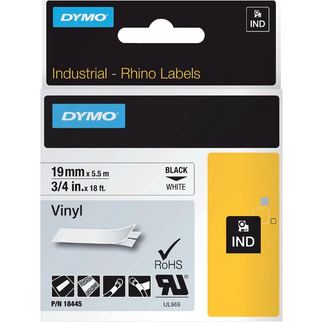 Dymo - Labele Rhino 18445 vinyl 19mmx5.5m zwart op wit