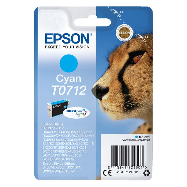 Epson - inktcartridge T0712, 345 pagina's, OEM C13T07124012, cyaan