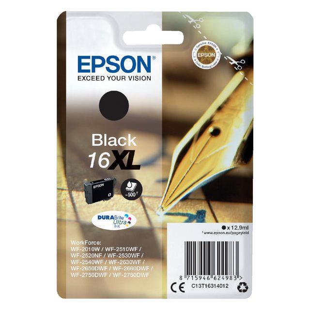 EPSON - Cartridge à encre 16xl, 500 pages, OEM C13T16314012, noir