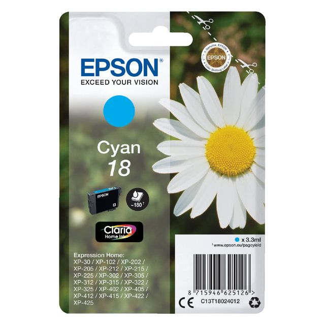 Epson - Tintenpatrone 18, 180 Seiten, OEM C13T18024012, Cyan