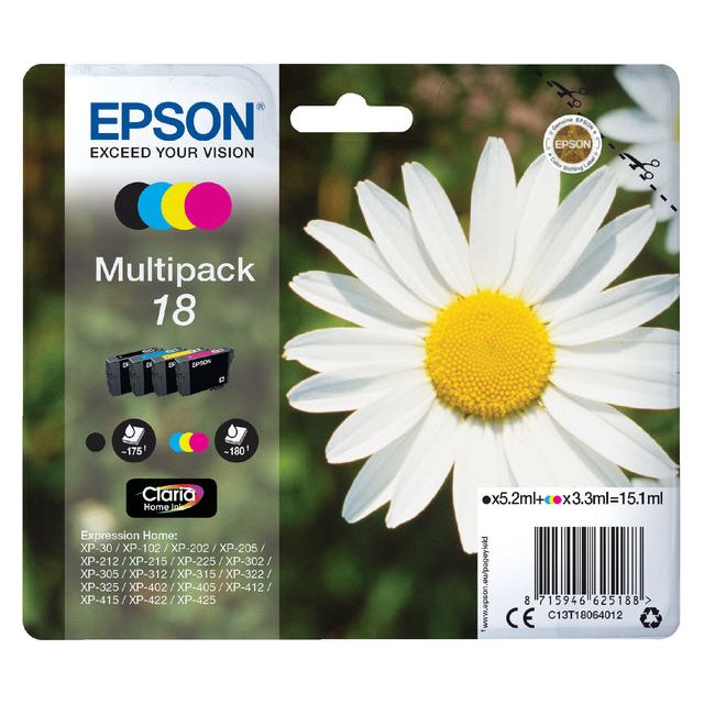 Epson - Tintenpatrone Epson 18 T1806 Schwarz + 3 Farben | Blasen Sie ein 4 -Stück