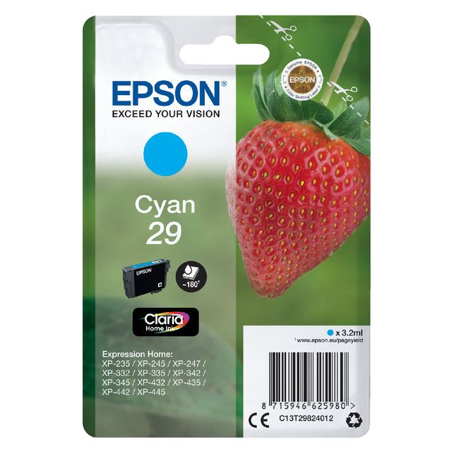 Epson - inktcartridge 29, 180 pagina's, OEM C13T29824012, cyaan