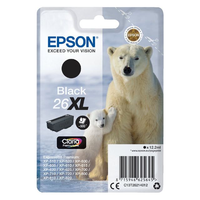 EPSON - Cartridge à encre 26xl, 500 pages, OEM C13T26214012, noir