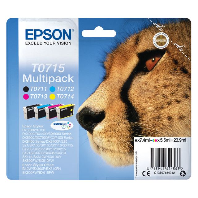 Epson - Inkcartridge EPSON T0715 Schwarz + 3 Farben | Blasen Sie ein 4 -Stück