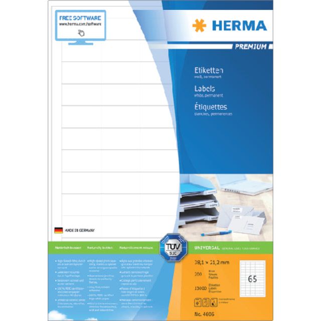 Herma - Herma 4606 38.1x21.2 mm Étiquette Prem White 13000 pièces | Blister une feuille de 200