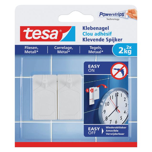 Tesa - Sticky Nagel Tiles Metal 2 kg Weiß | Packen Sie ein 2 Stück | 8 Stücke