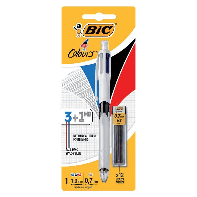 Bic - Colours 3 + 1 HB 4-kleurenbalpen, medium, 3 klassieke inktkleuren en een vulpotlood 0,7 mm HB, op bli