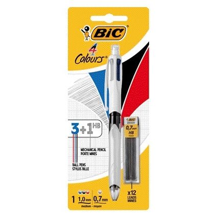 BIC -  Balpen  3kleuren + vulpotl hb 0.7mm m wit