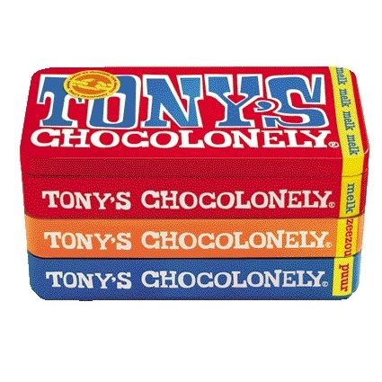 Tony's Chocolonely - Chocolate pure milk and caramel sea salt tin 540gr