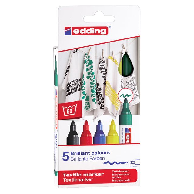 Edding - textielstift 4500, set van 5 stuks in geassorteerde basiskleuren