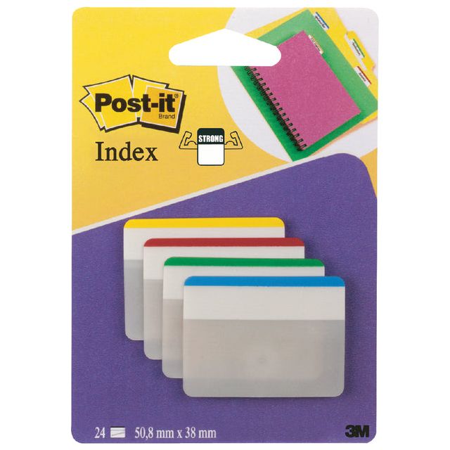 Post-it - Index Strong, ft 50,8 x 38 mm, voor ordners, set van 24 tabs, 4 kleuren, 6 tabs per kleur