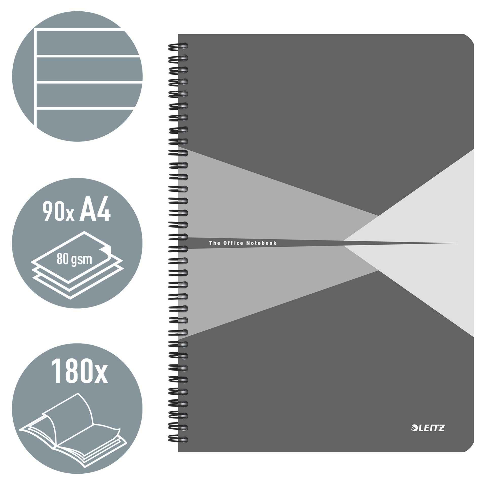 Leitz - quaderno, ft A4, copertina in PP, a righe, grigio
