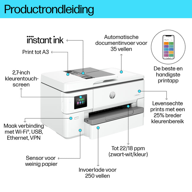 HP INC. -  Jet Pro 9720e Draadloos All-in-One Kleur Printer, Dubbelzijdig printen; Kopieerapparaat, Scanner