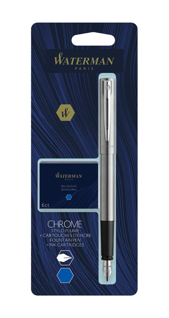 Waterman - vulpen Allure Chrome fijne punt, inclusief 6 inktpatronen, op blister