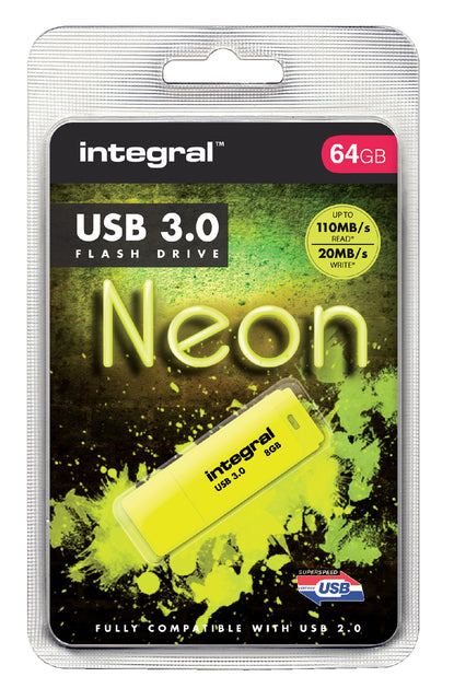 Integral - Neon USB 3.0 stick, 64 GB, geel