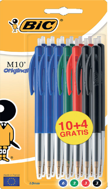 BIC - Ballpen M10 Clic, 0,4 mm, mittlerer Punkt, verschiedene Farben, Blasen 10 Stücke + 4 frei