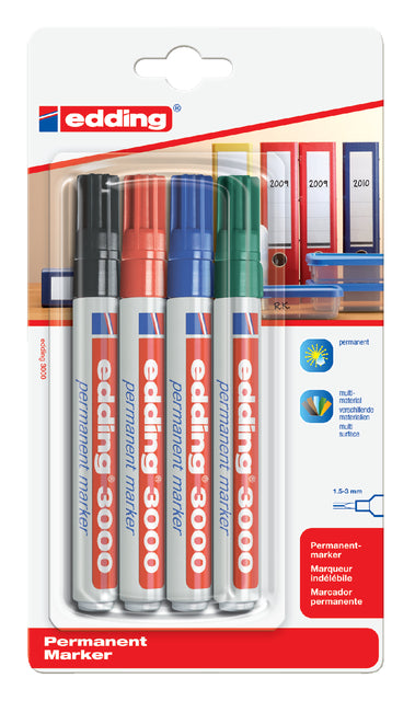 Edding - permanent marker 3000, blister van 4 stuks in geassorteerde kleuren