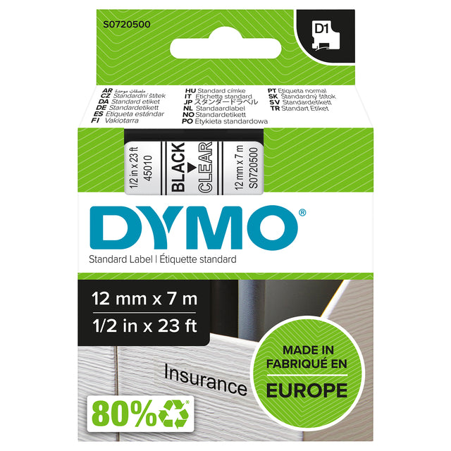 DYMO - LABELE 45010 D1 720500 12mmx7m schwarz auf transparent | 5 Stücke