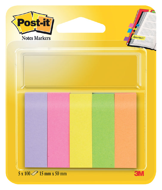 Post -it - notes marqueurs, ft 15 x 50 mm, couleurs assorties, cloqueuse avec 5 blocs de 100 feuilles