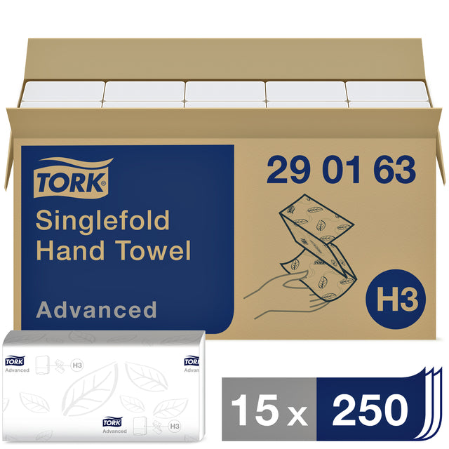 Tork - Papierhandtücher Fortgeschrittene, 2 -Layer, 250 Blätter, System H3, Weiß, Packung von 15 Teilen