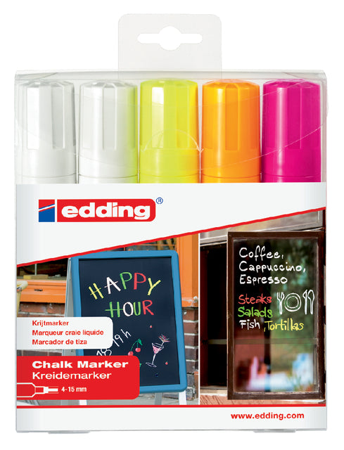 Edding - krijtmarker e-4090 schuine punt etui van 5 stuks: 2 x wit, 1 x geel, 1 x oranje en 1 x roze