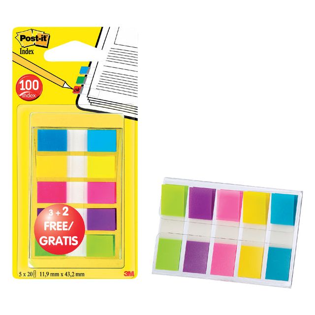 Post -it - Index Couleurs assorties étroites, 3 + 2 onglets gratuits