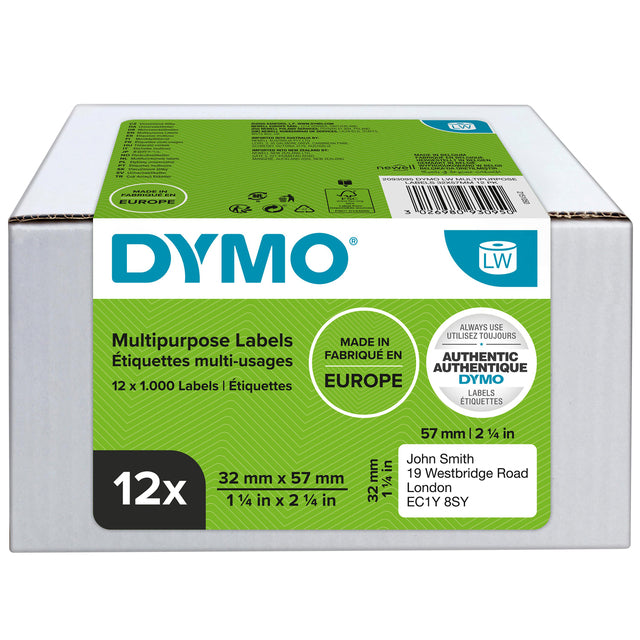 Dymo - Wertpaket: Etikettenbezeichnungsschreiber ft 57 x 32 mm, abnehmbar, weiß, Box von 12 x 1000 Beschriftungen