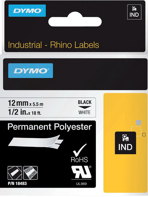 Dymo - Beschriftungen Rhino 18483 Polyester 12 mmx5,5 m schwarz auf Weiß